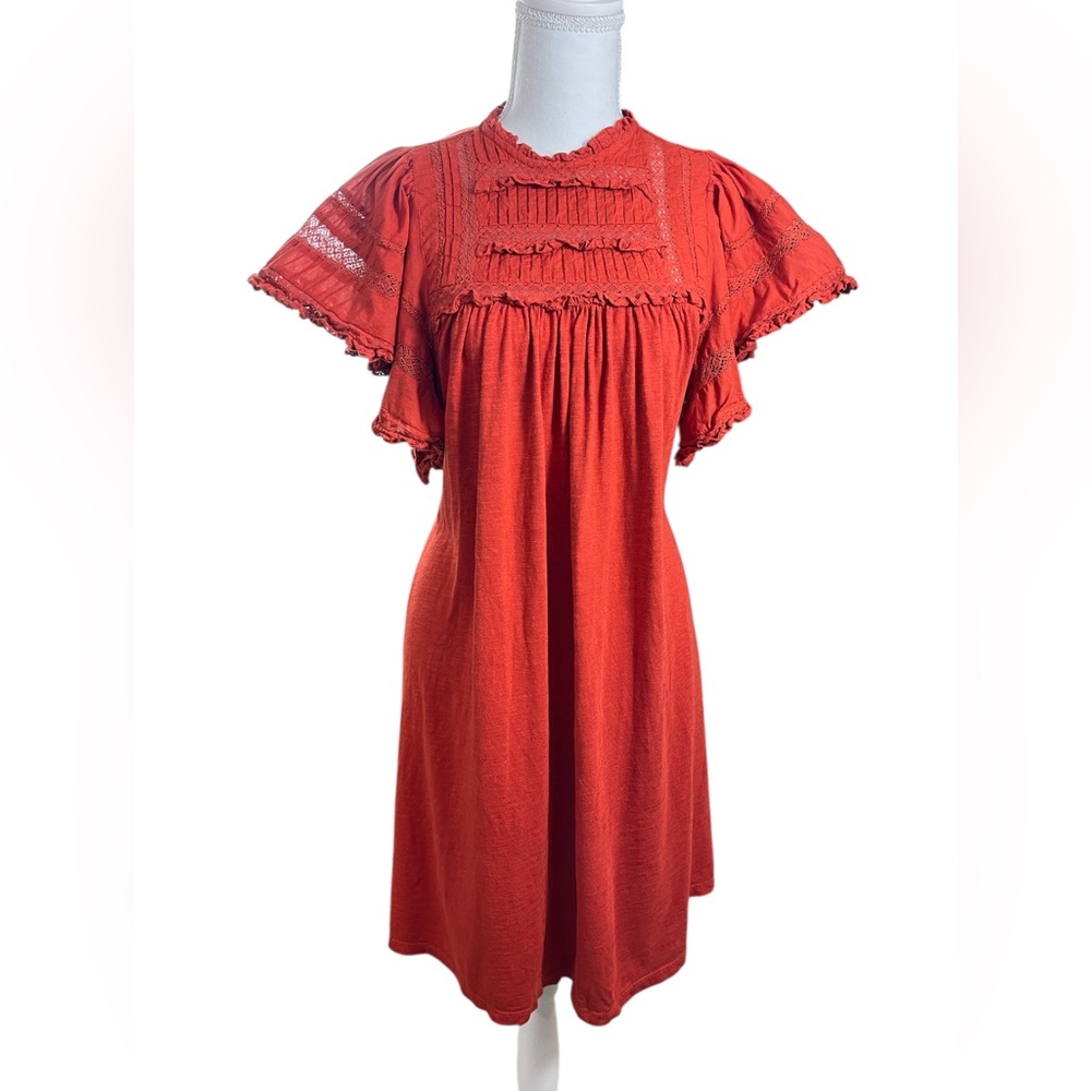 Boden Ruffle Trim Detail Jersey Mini Dress Tomato Red Cotton Blend High Neck 10R - Picture 3 of 10